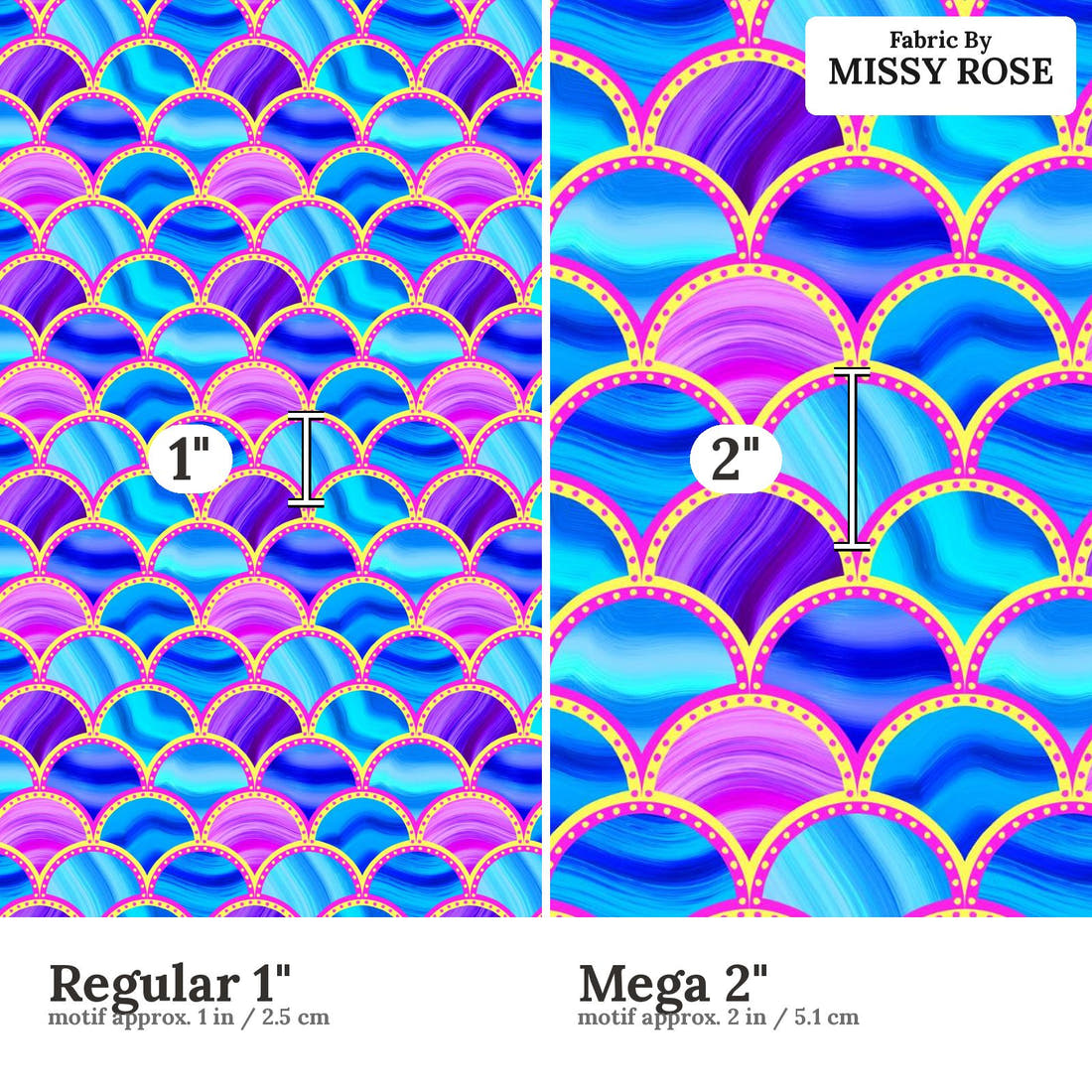 Girl and The Deep Blue Sea 06 Regular 1 inch vs Mega 2 inch print scale side by side | Fabric by Missy Rose