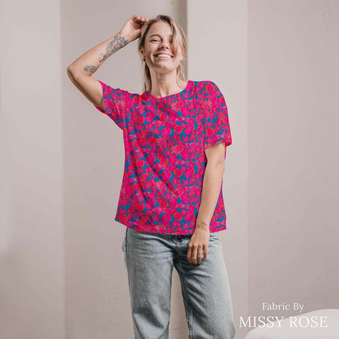 Girl and The Deep Blue Sea 07 sewn into an all-over print shirt - custom printed fabric | Fabric by Missy Rose