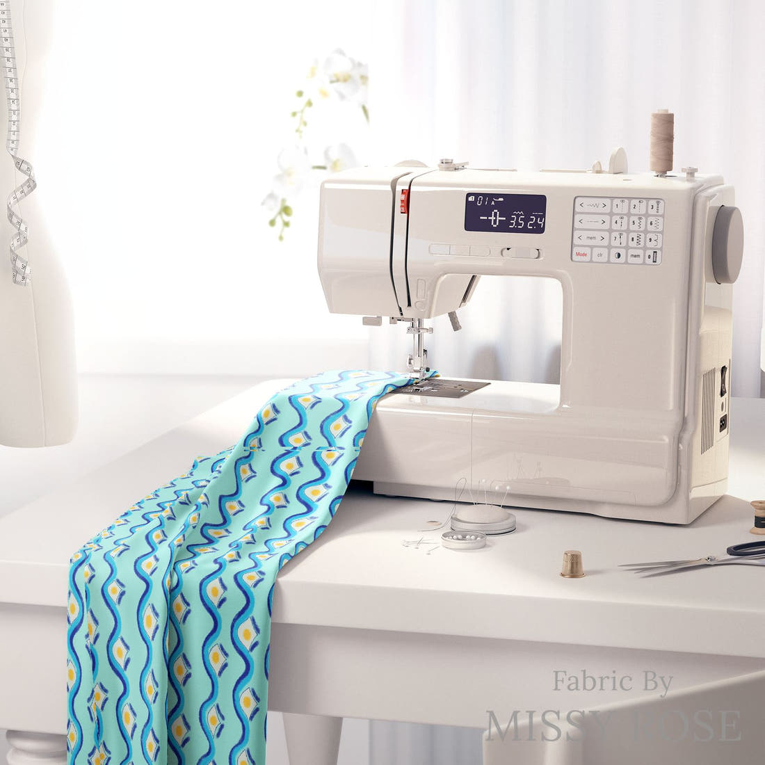 Girl and The Deep Blue Sea 102 on a sewing machine - premium fabric for sewing projects | Fabric by Missy Rose