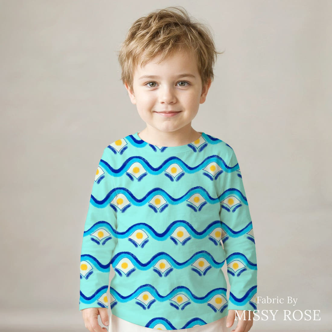 Girl and The Deep Blue Sea 102 sewn into a kids' long sleeve top - see how the print looks made up | Fabric by Missy Rose