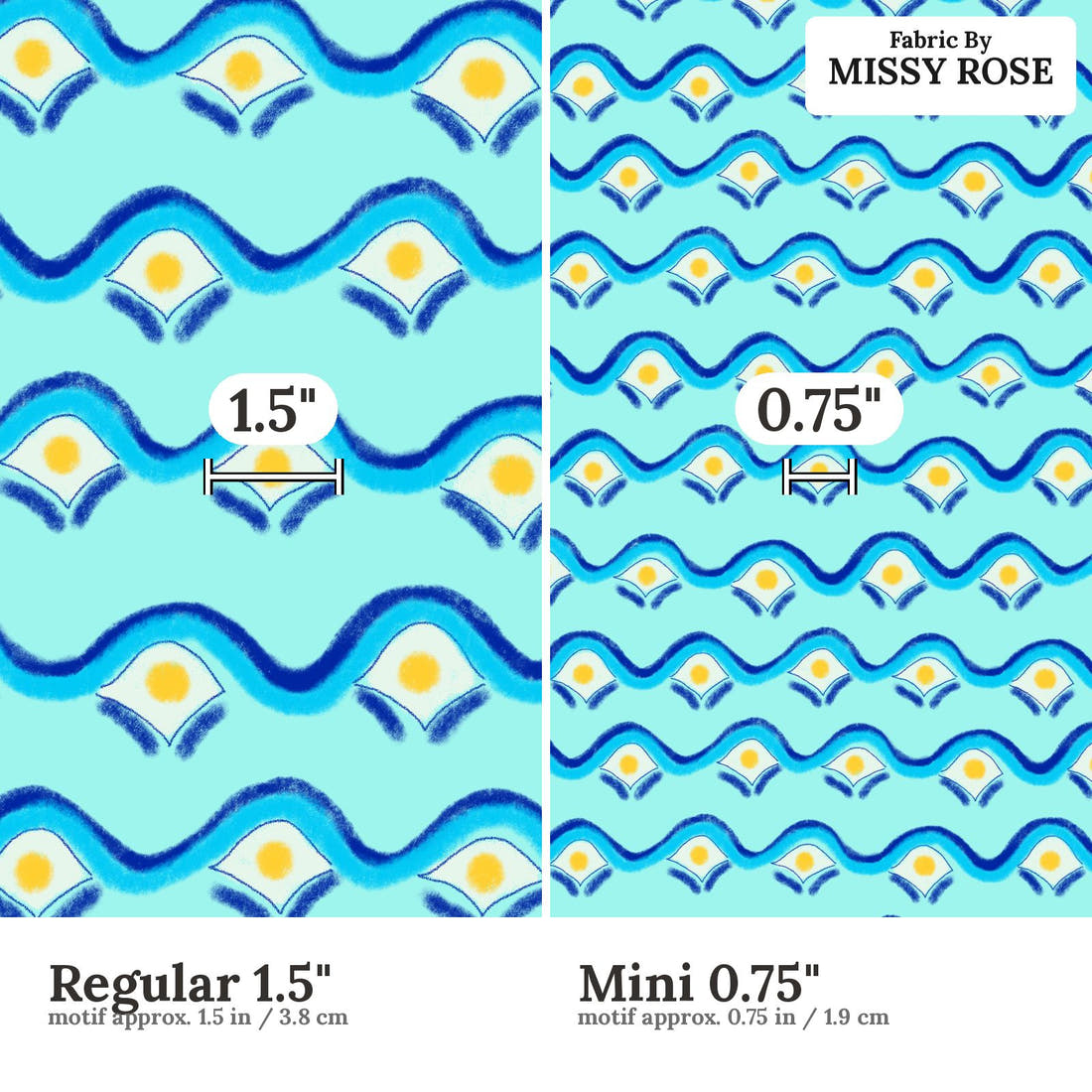 Girl and The Deep Blue Sea 102 Regular 1.5 inch vs Mini 0.75 inch print scale side by side | Fabric by Missy Rose