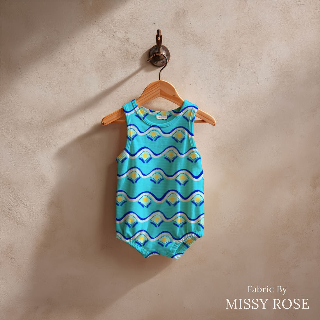 Girl and The Deep Blue Sea 103 sewn into a baby romper - see how the print looks made up | Fabric by Missy Rose