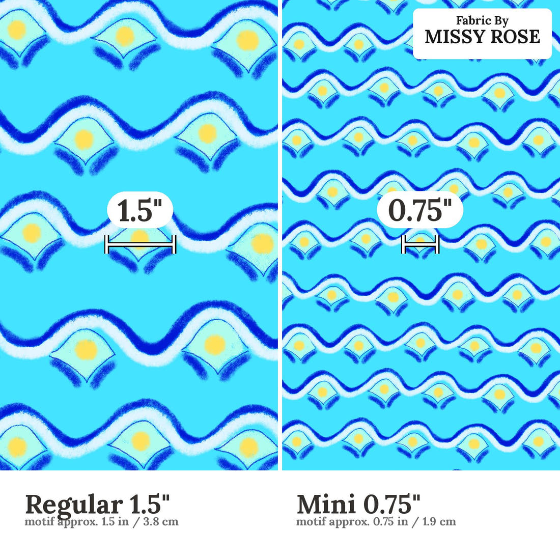 Girl and The Deep Blue Sea 103 Regular 1.5 inch vs Mini 0.75 inch print scale side by side | Fabric by Missy Rose