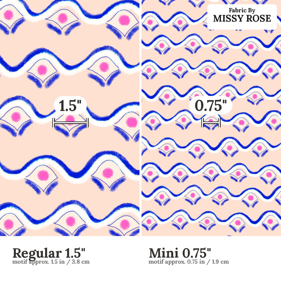 Girl and The Deep Blue Sea 104 Regular 1.5 inch vs Mini 0.75 inch print scale side by side | Fabric by Missy Rose
