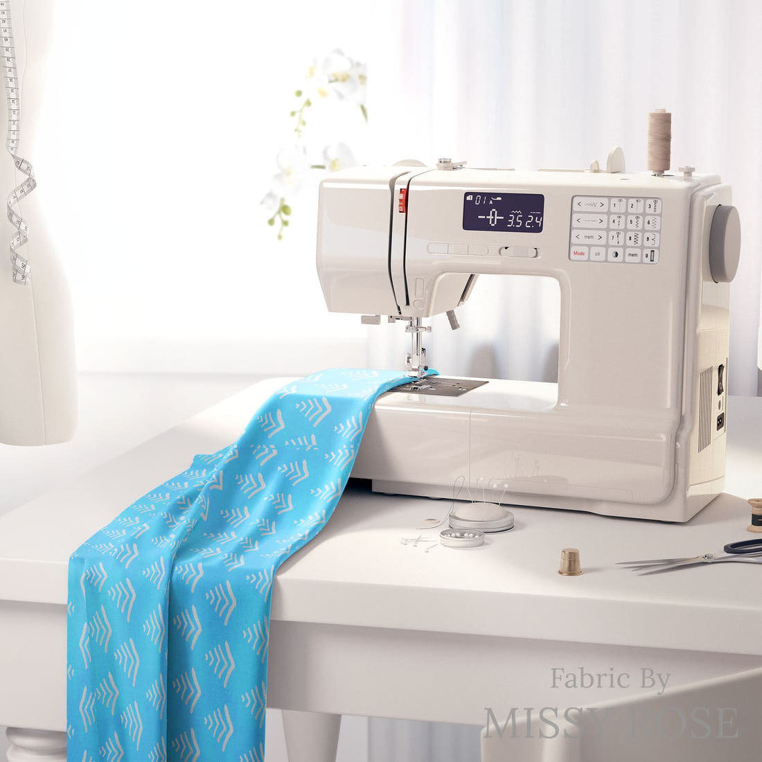 Girl and The Deep Blue Sea 105 on a sewing machine - premium fabric for sewing projects | Fabric by Missy Rose