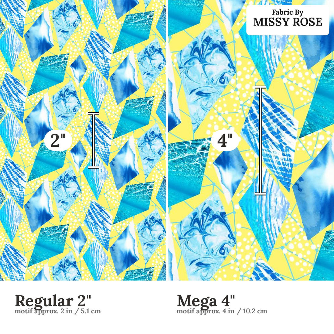 Girl and The Deep Blue Sea 11 Regular 2 inch vs Mega 4 inch print scale side by side | Fabric by Missy Rose