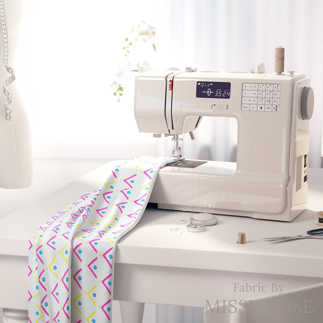 Girl and The Deep Blue Sea 110 on a sewing machine - premium fabric for sewing projects | Fabric by Missy Rose
