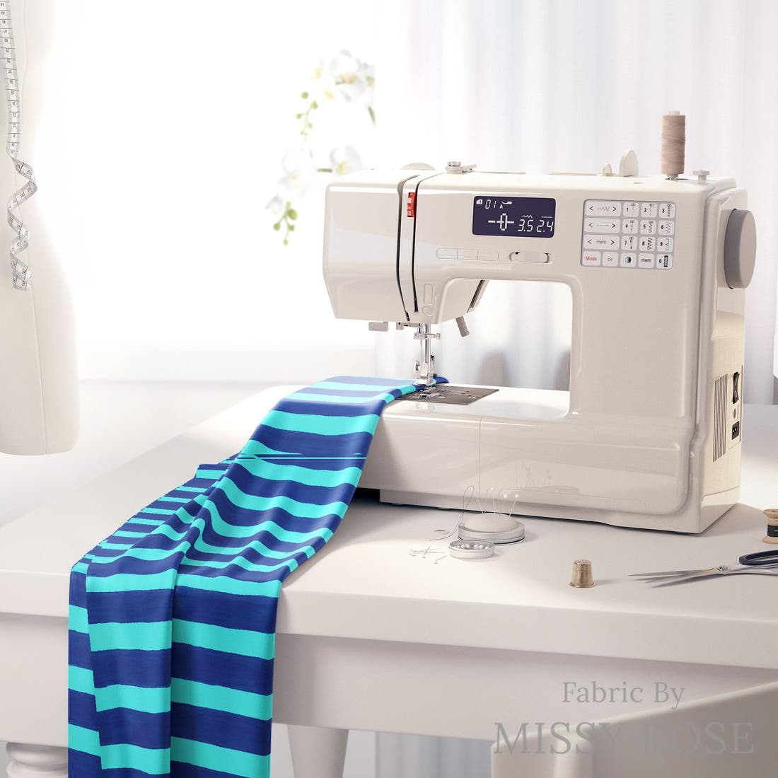 Girl and The Deep Blue Sea 111 on a sewing machine - premium fabric for sewing projects | Fabric by Missy Rose