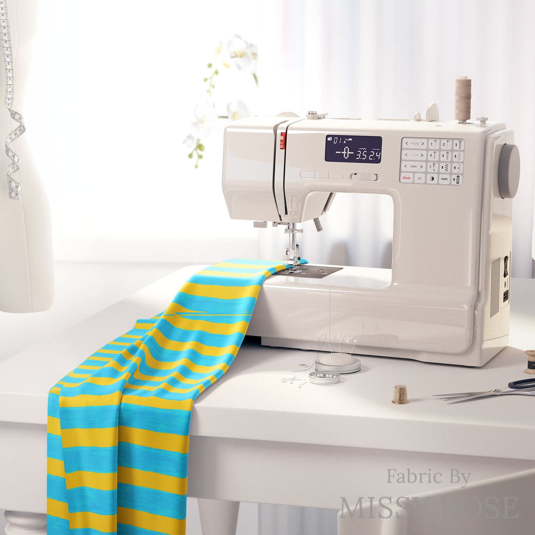 Girl and The Deep Blue Sea 112 on a sewing machine - premium fabric for sewing projects | Fabric by Missy Rose