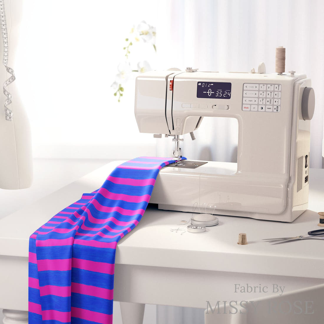 Girl and The Deep Blue Sea 113 on a sewing machine - premium fabric for sewing projects | Fabric by Missy Rose