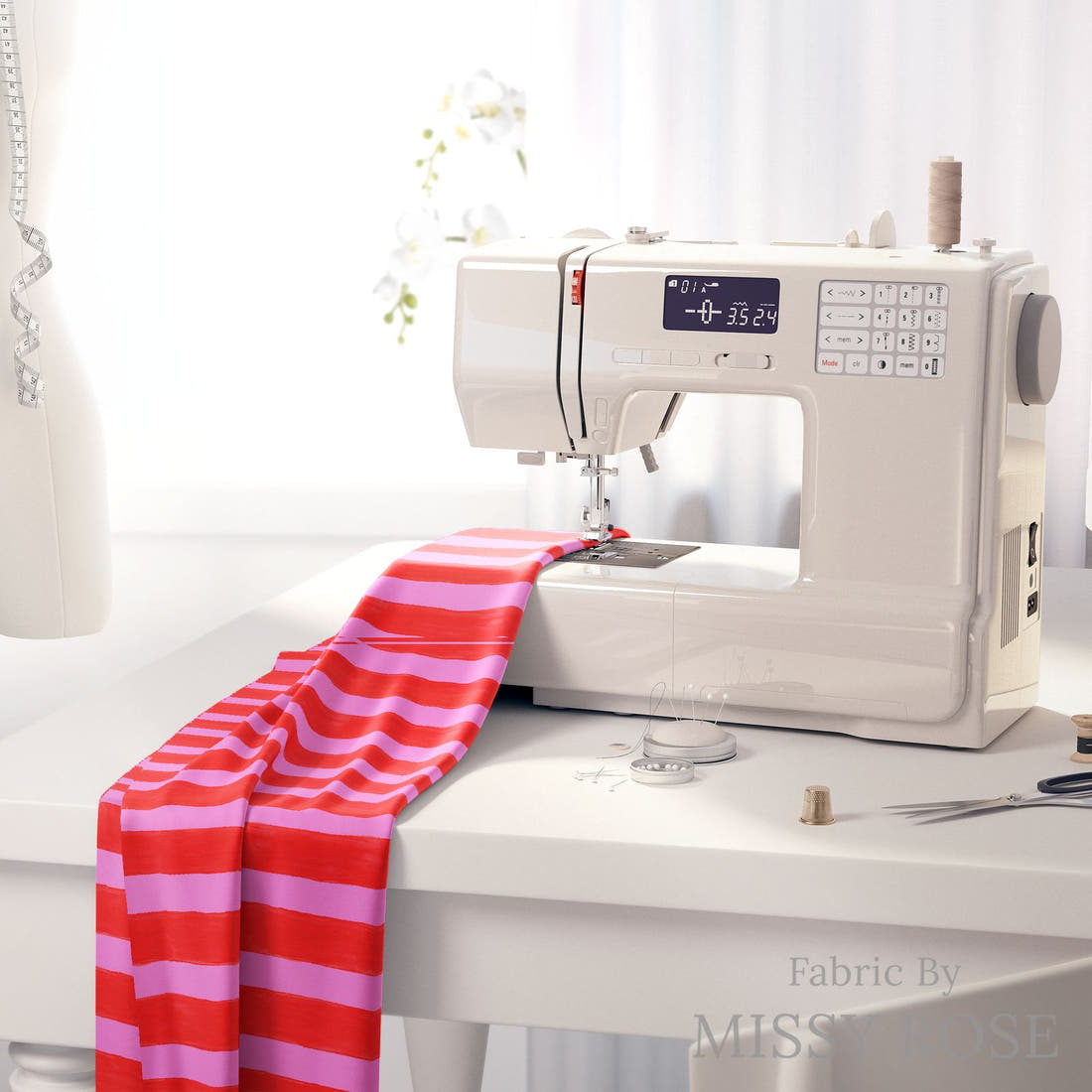 Girl and The Deep Blue Sea 114 on a sewing machine - premium fabric for sewing projects | Fabric by Missy Rose