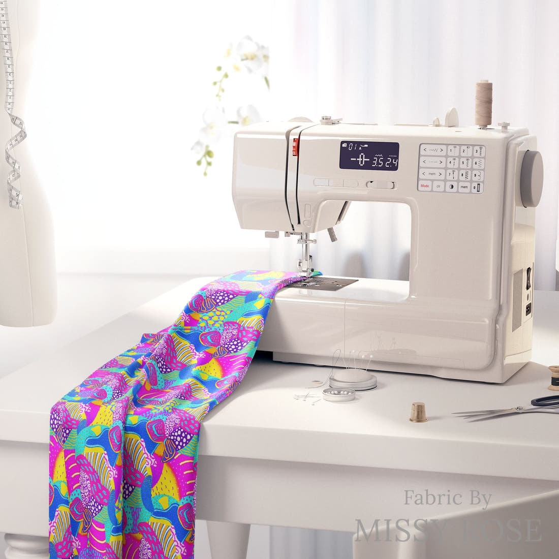 Girl and The Deep Blue Sea 12 fabric on a sewing machine - sew your own | Fabric by Missy Rose