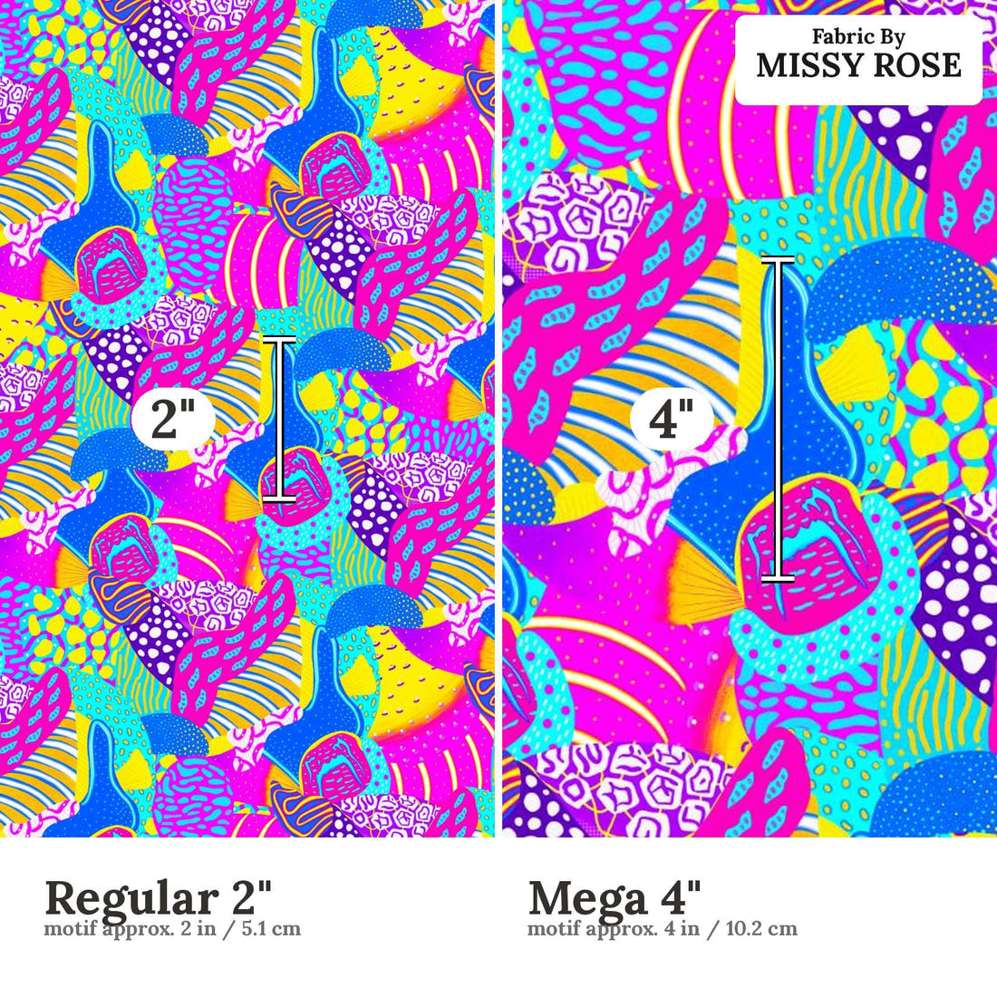 Girl and The Deep Blue Sea 12 Regular 2 inch vs Mega 4 inch print scale side by side | Fabric by Missy Rose