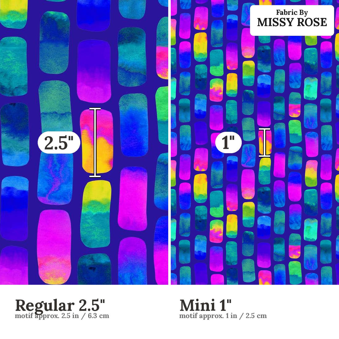 Girl and The Deep Blue Sea 17 Regular 2.5 inch vs Mini 1 inch print scale side by side | Fabric by Missy Rose