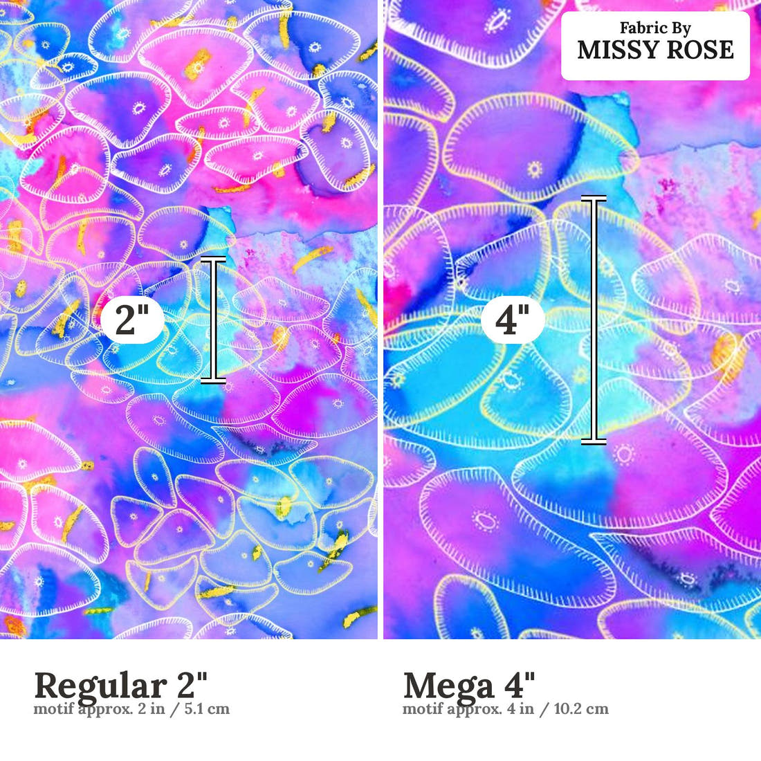 Girl and The Deep Blue Sea 21 Regular 2 inch vs Mega 4 inch print scale side by side | Fabric by Missy Rose