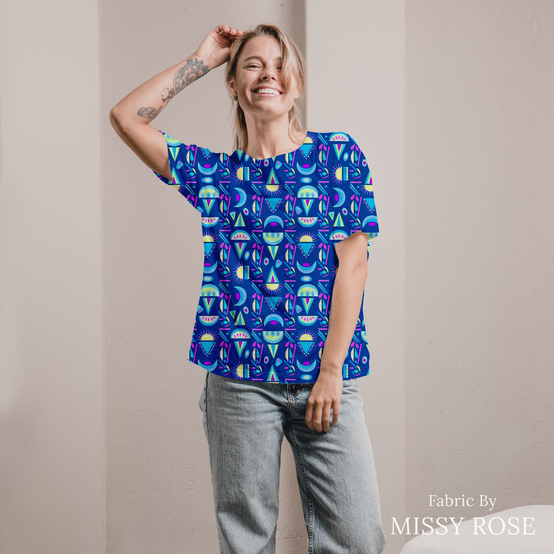Girl and The Deep Blue Sea 32 sewn into an all-over print shirt - custom printed fabric | Fabric by Missy Rose