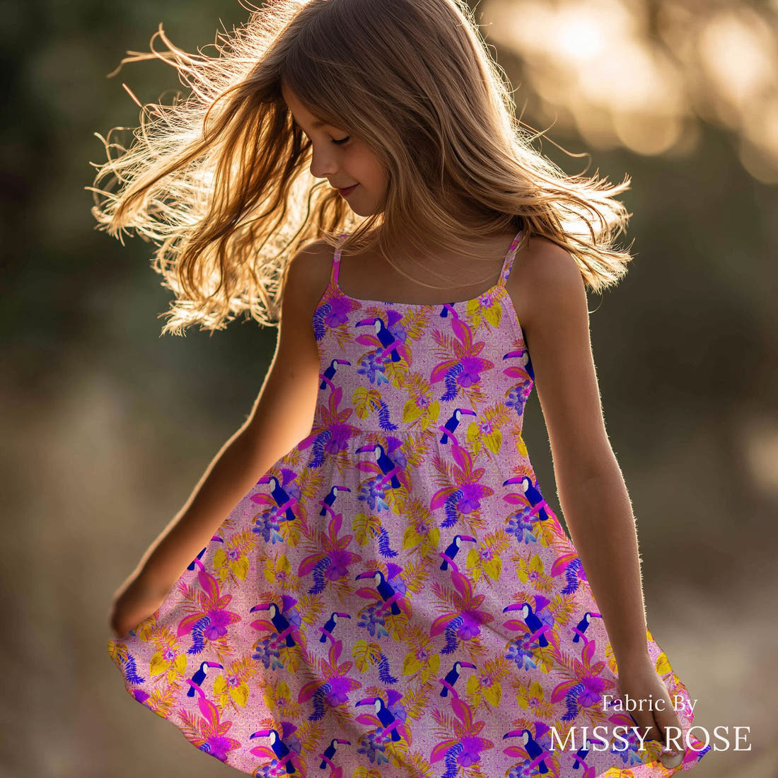 Girl and The Deep Blue Sea 35 sewn into a girls' dress - custom printed fabric | Fabric by Missy Rose