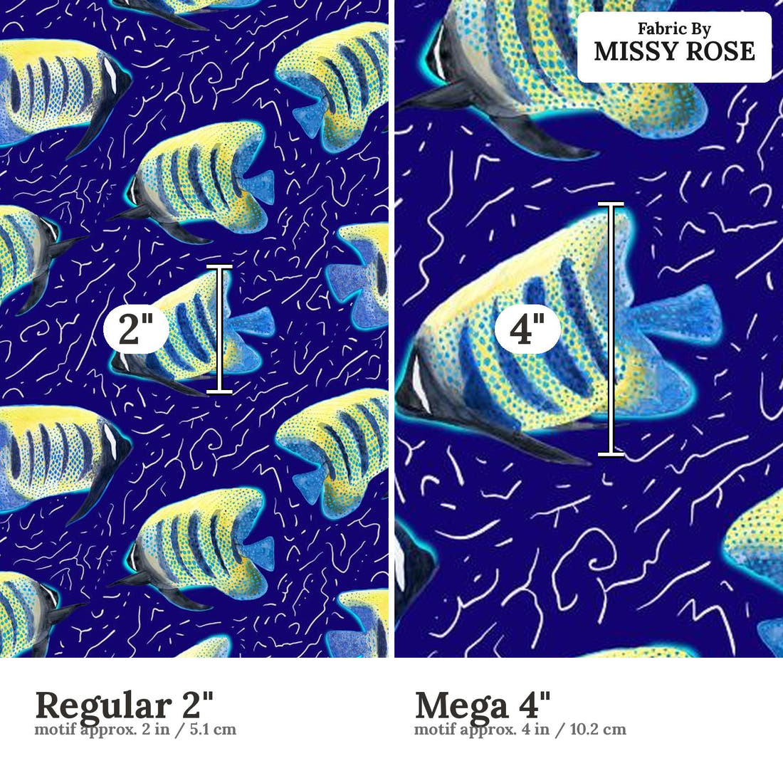 Girl and The Deep Blue Sea 38 Regular 2 inch vs Mega 4 inch print scale side by side | Fabric by Missy Rose