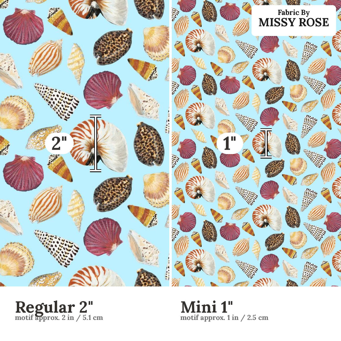 Girl and The Deep Blue Sea 39 Regular 2 inch vs Mini 1 inch print scale side by side | Fabric by Missy Rose