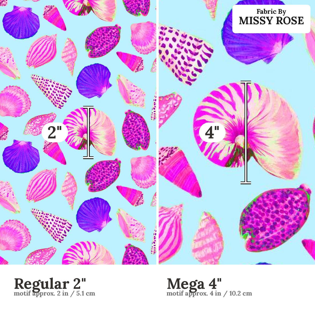 Girl and The Deep Blue Sea 40 Regular 2 inch vs Mega 4 inch print scale side by side | Fabric by Missy Rose