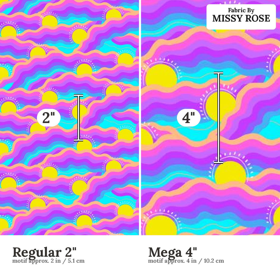 Girl and The Deep Blue Sea 44 Regular 2 inch vs Mega 4 inch print scale side by side | Fabric by Missy Rose