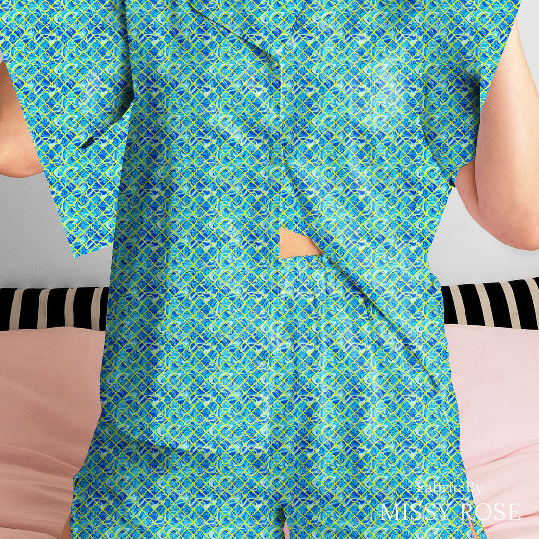 Girl and The Deep Blue Sea 46 sewn into a women's pyjama set - custom printed fabric | Fabric by Missy Rose