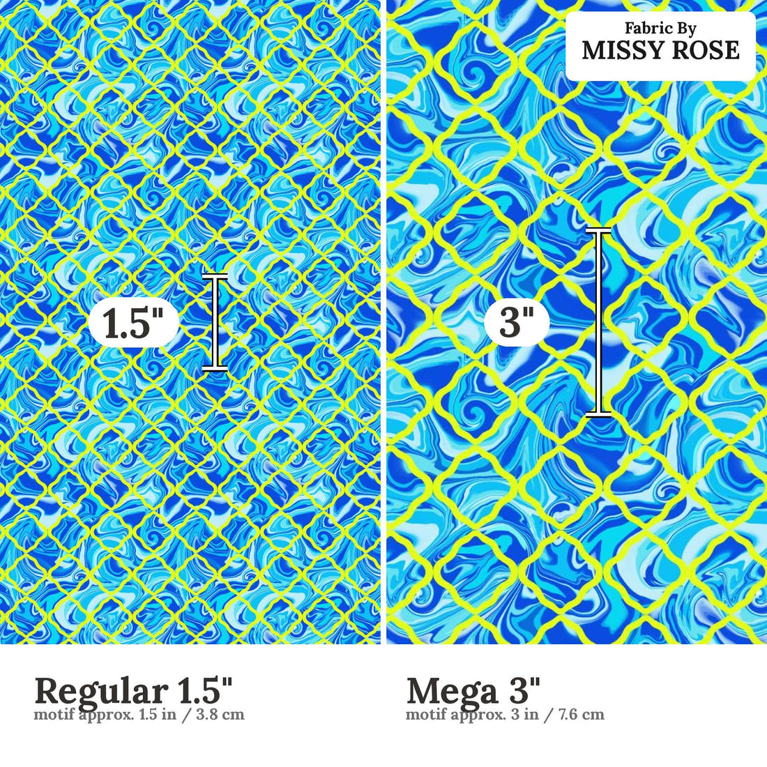 Girl and The Deep Blue Sea 46 Regular 1.5 inch vs Mega 3 inch print scale side by side | Fabric by Missy Rose