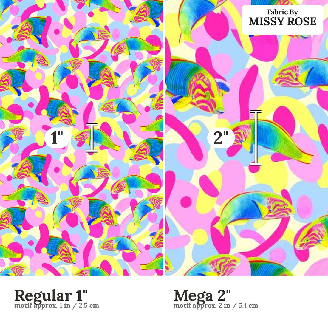 Girl and The Deep Blue Sea 51 Regular 1 inch vs Mega 2 inch print scale side by side | Fabric by Missy Rose