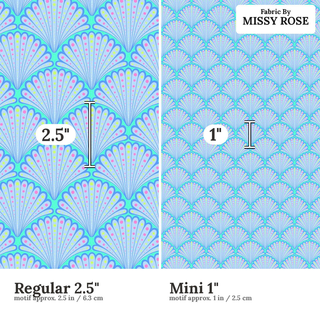 Girl and The Deep Blue Sea 52 Regular 2.5 inch vs Mini 1 inch print scale side by side | Fabric by Missy Rose