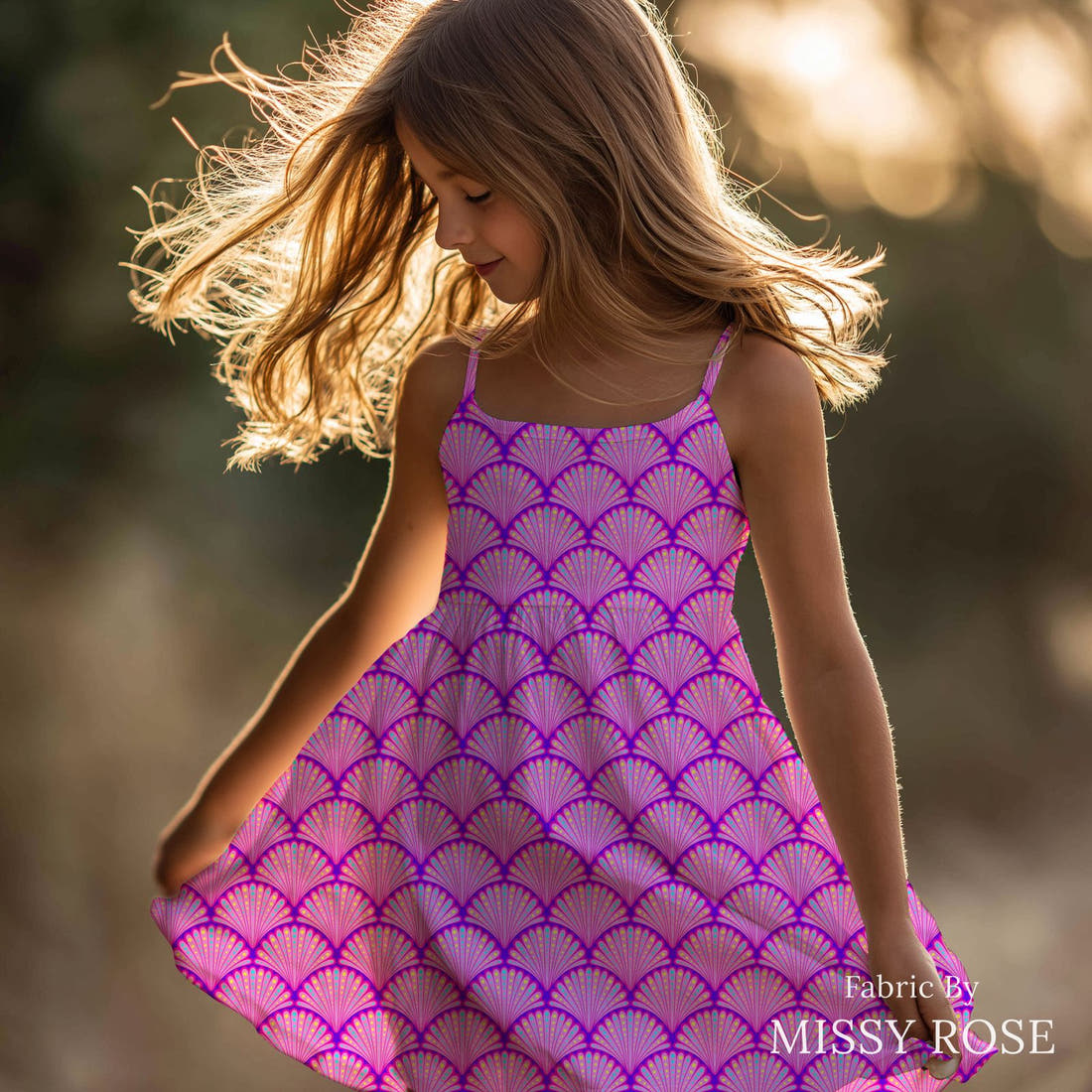 Girl and The Deep Blue Sea 53 sewn into a girls' dress - custom printed fabric | Fabric by Missy Rose