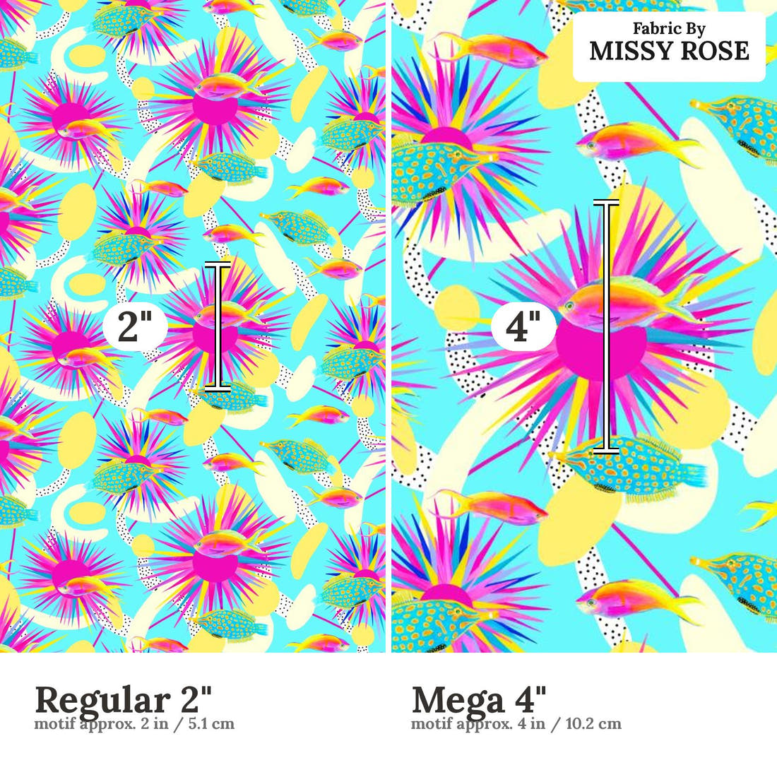 Girl and The Deep Blue Sea 54 Regular 2 inch vs Mega 4 inch print scale side by side | Fabric by Missy Rose