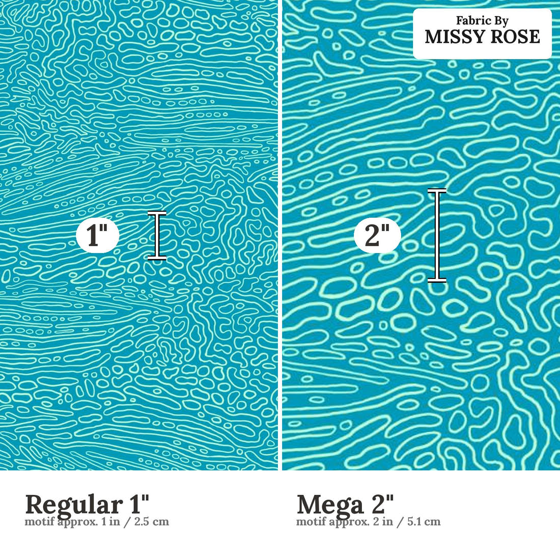 Girl and The Deep Blue Sea 57 Regular 1 inch vs Mega 2 inch print scale side by side | Fabric by Missy Rose