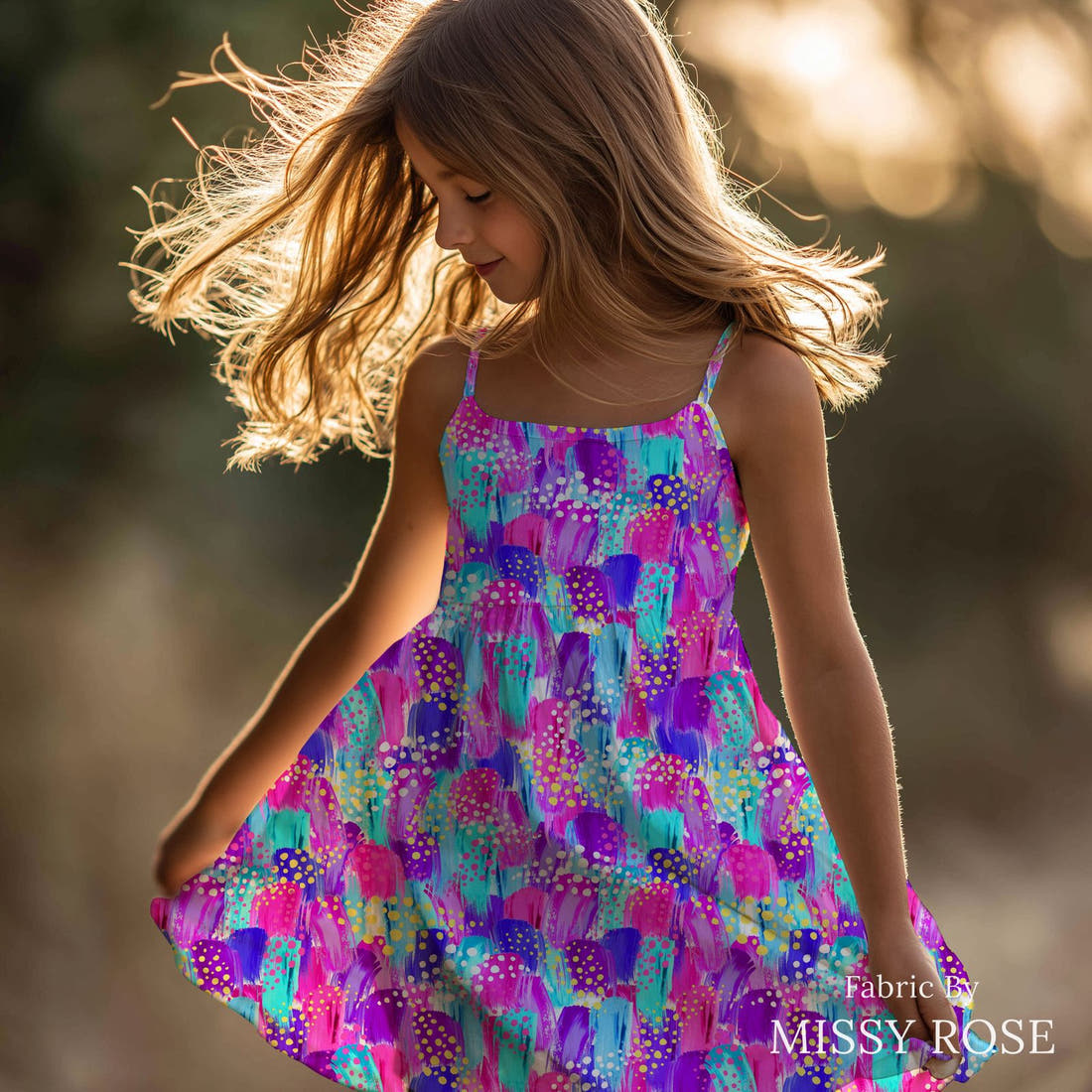 Girl and The Deep Blue Sea 62 sewn into a girls' dress - custom printed fabric | Fabric by Missy Rose
