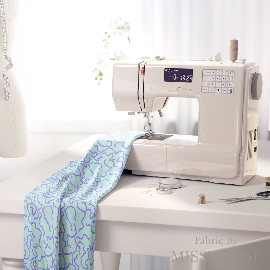 Girl and The Deep Blue Sea 64 fabric on a sewing machine - sew your own | Fabric by Missy Rose