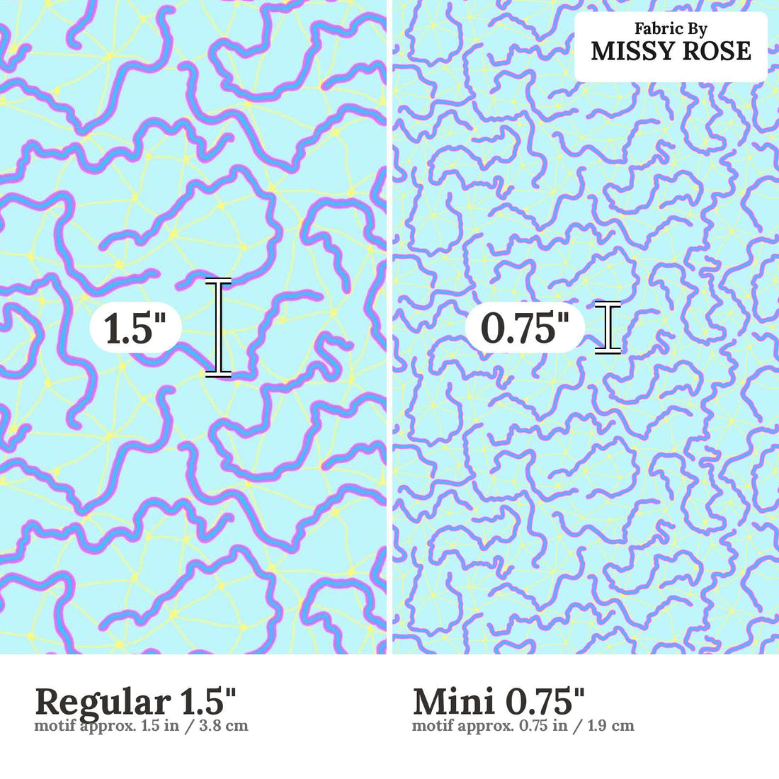 Girl and The Deep Blue Sea 64 Regular 1.5 inch vs Mini 0.75 inch print scale side by side | Fabric by Missy Rose