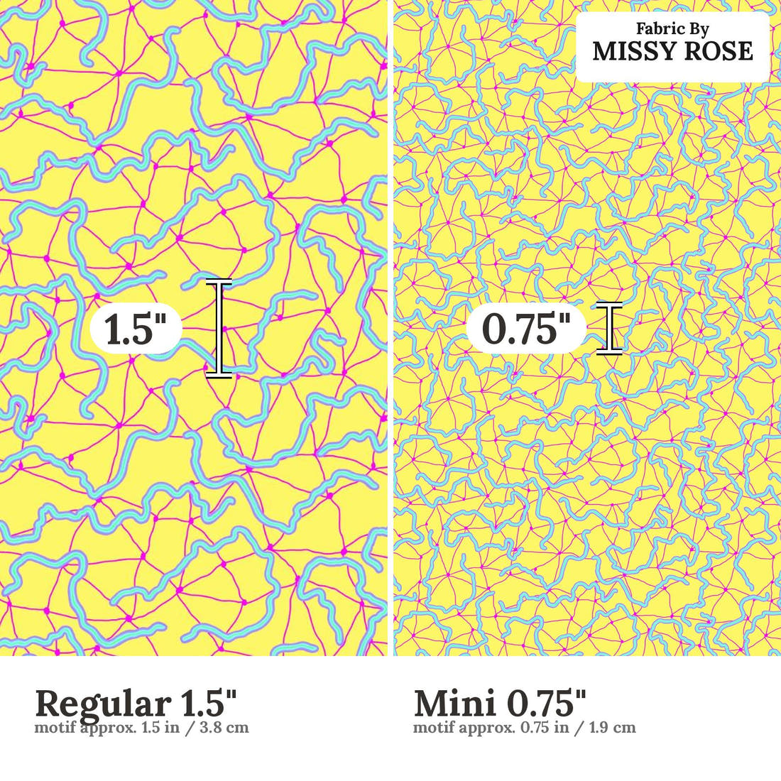 Girl and The Deep Blue Sea 65 Regular 1.5 inch vs Mini 0.75 inch print scale side by side | Fabric by Missy Rose
