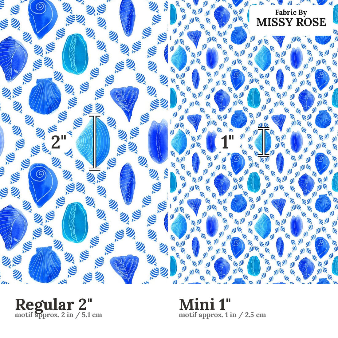 Girl and The Deep Blue Sea 66 Regular 2 inch vs Mini 1 inch print scale side by side | Fabric by Missy Rose