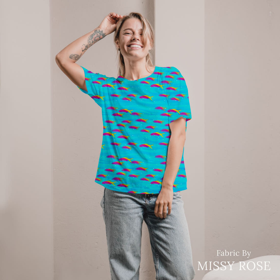 Girl and The Deep Blue Sea 67 sewn into an all-over print shirt - custom printed fabric | Fabric by Missy Rose