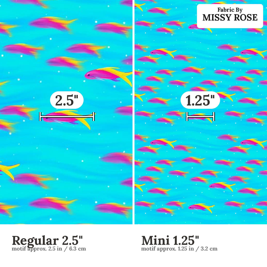 Girl and The Deep Blue Sea 67 Regular 2.5 inch vs Mini 1.25 inch print scale side by side | Fabric by Missy Rose