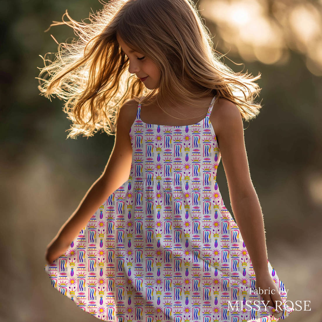 Girl and The Deep Blue Sea 74 sewn into a girls' dress - custom printed fabric | Fabric by Missy Rose