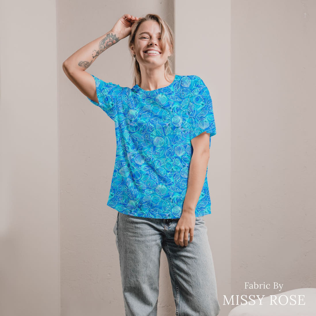 Girl and The Deep Blue Sea 80 sewn into an all-over print shirt - custom printed fabric | Fabric by Missy Rose