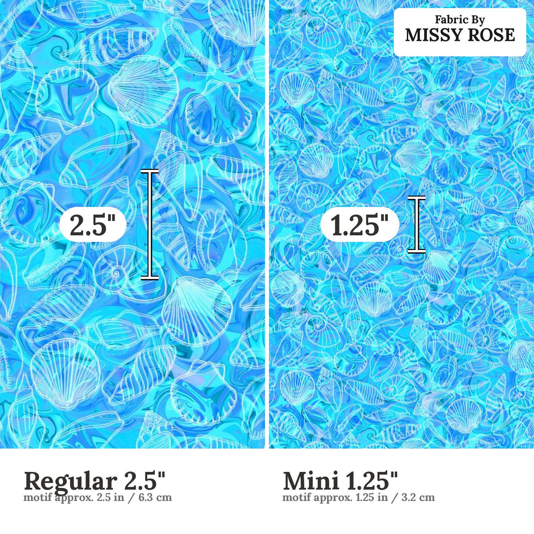 Girl and The Deep Blue Sea 80 Regular 2.5 inch vs Mini 1.25 inch print scale side by side | Fabric by Missy Rose