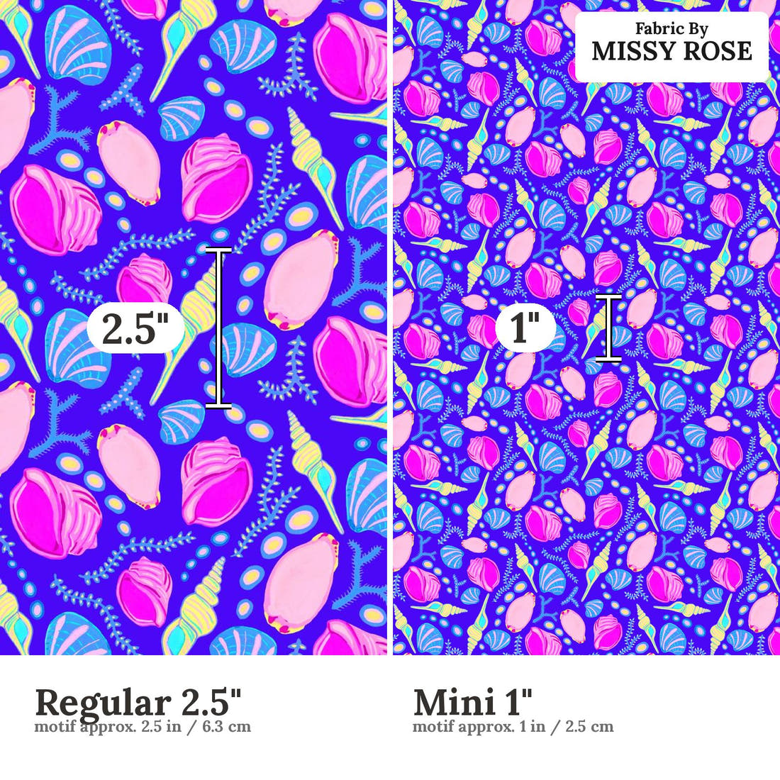 Girl and The Deep Blue Sea 82 Regular 2.5 inch vs Mini 1 inch print scale side by side | Fabric by Missy Rose