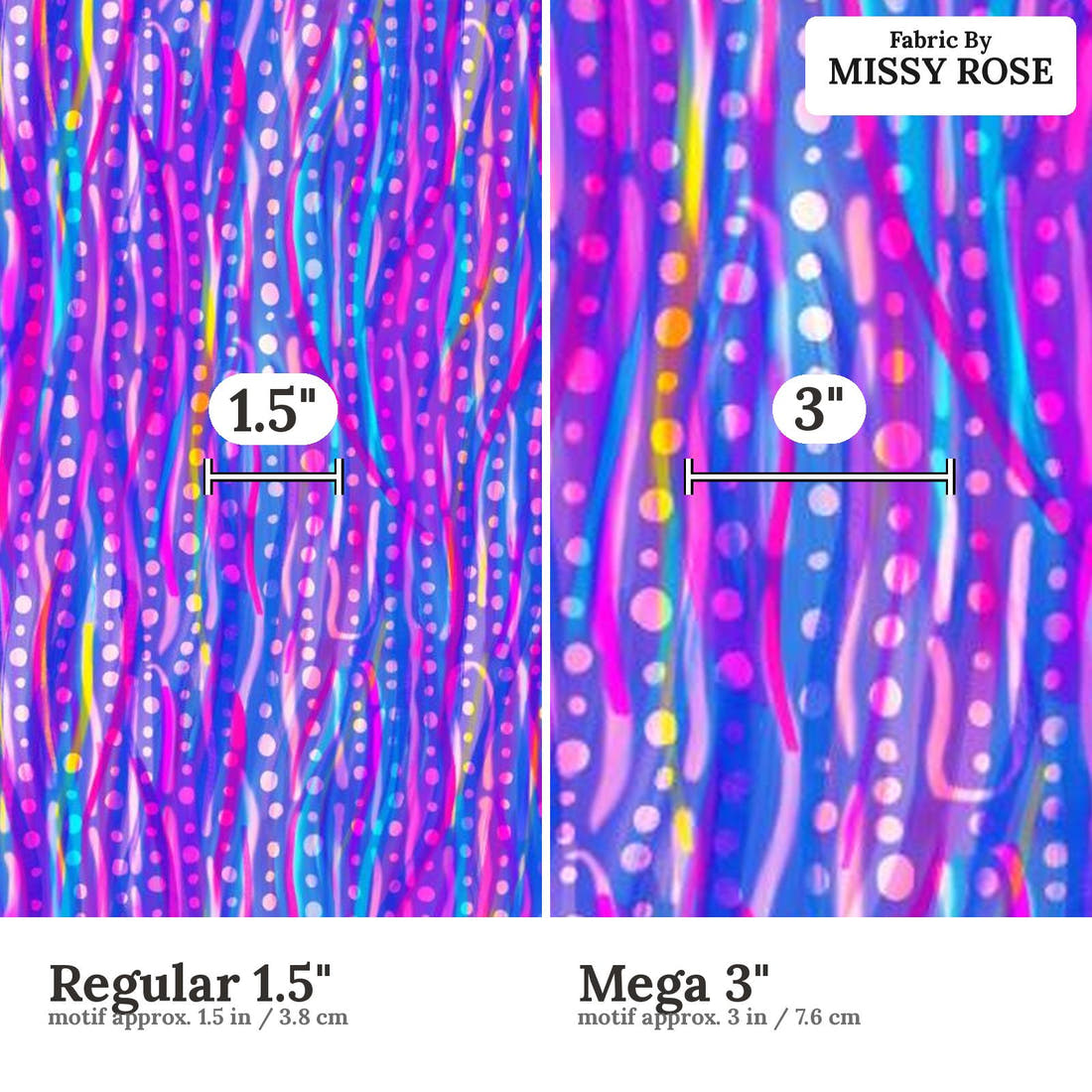 Girl and The Deep Blue Sea 83 Regular 1.5 inch vs Mega 3 inch print scale side by side | Fabric by Missy Rose