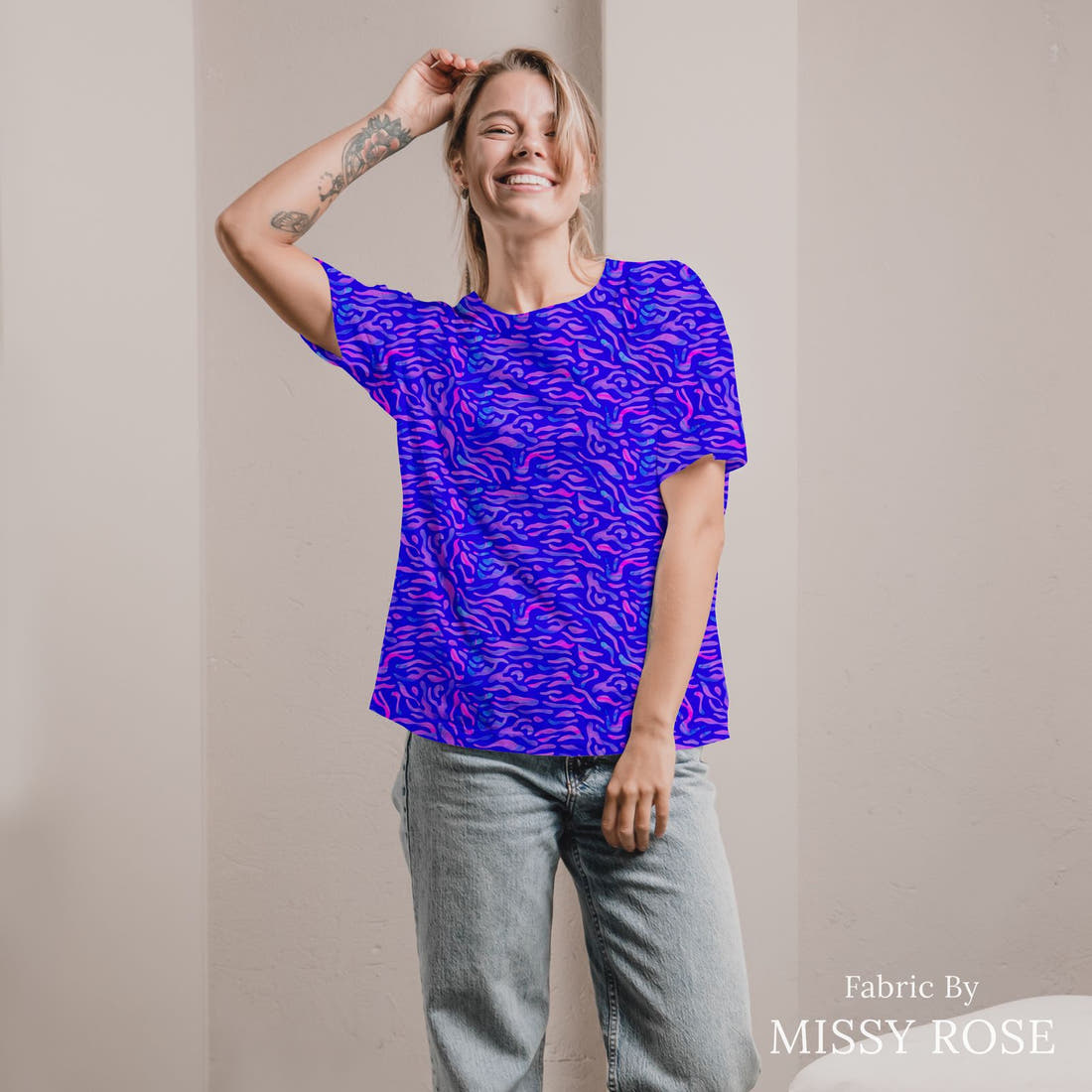 Girl and The Deep Blue Sea 85 sewn into an all-over print shirt - custom printed fabric | Fabric by Missy Rose