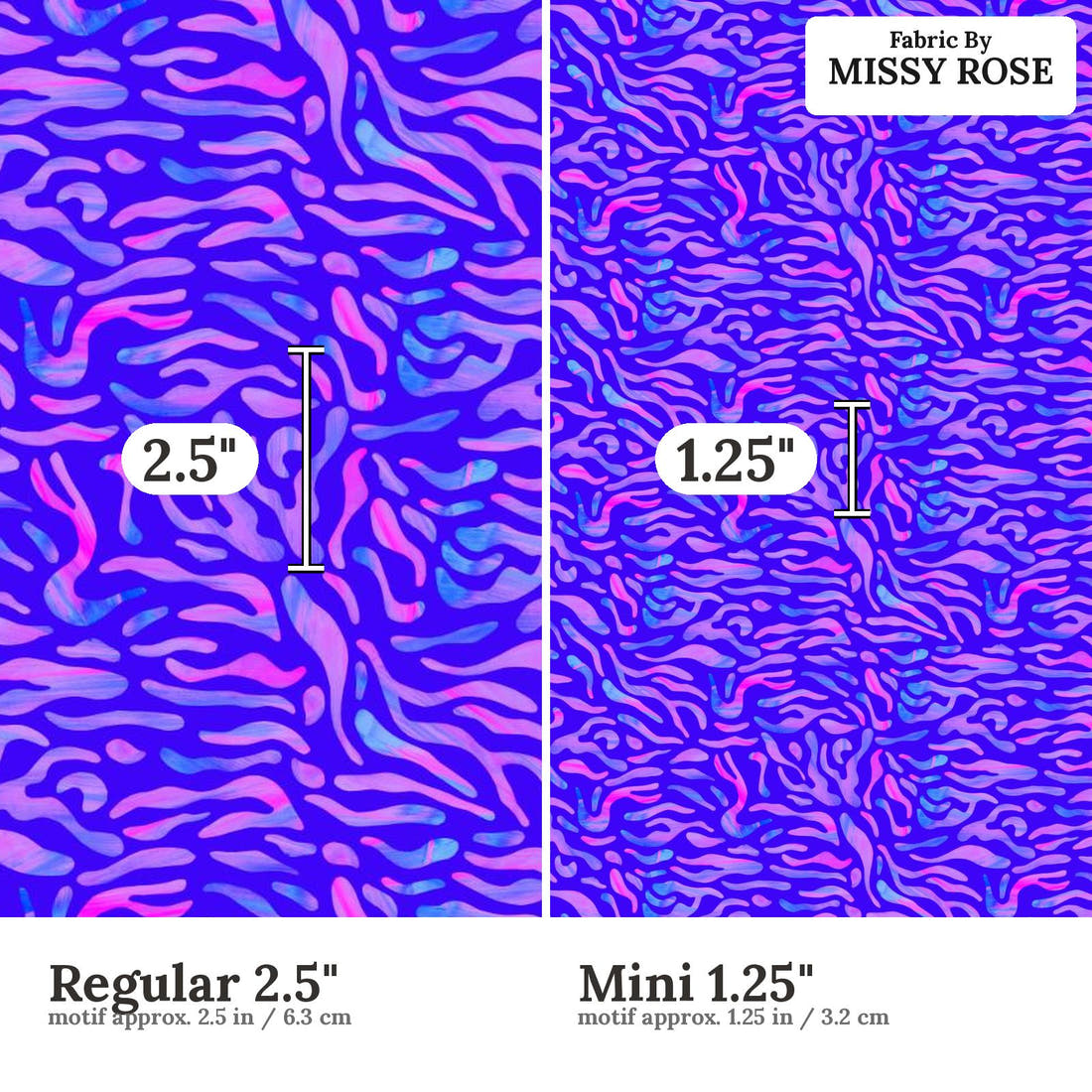 Girl and The Deep Blue Sea 85 Regular 2.5 inch vs Mini 1.25 inch print scale side by side | Fabric by Missy Rose
