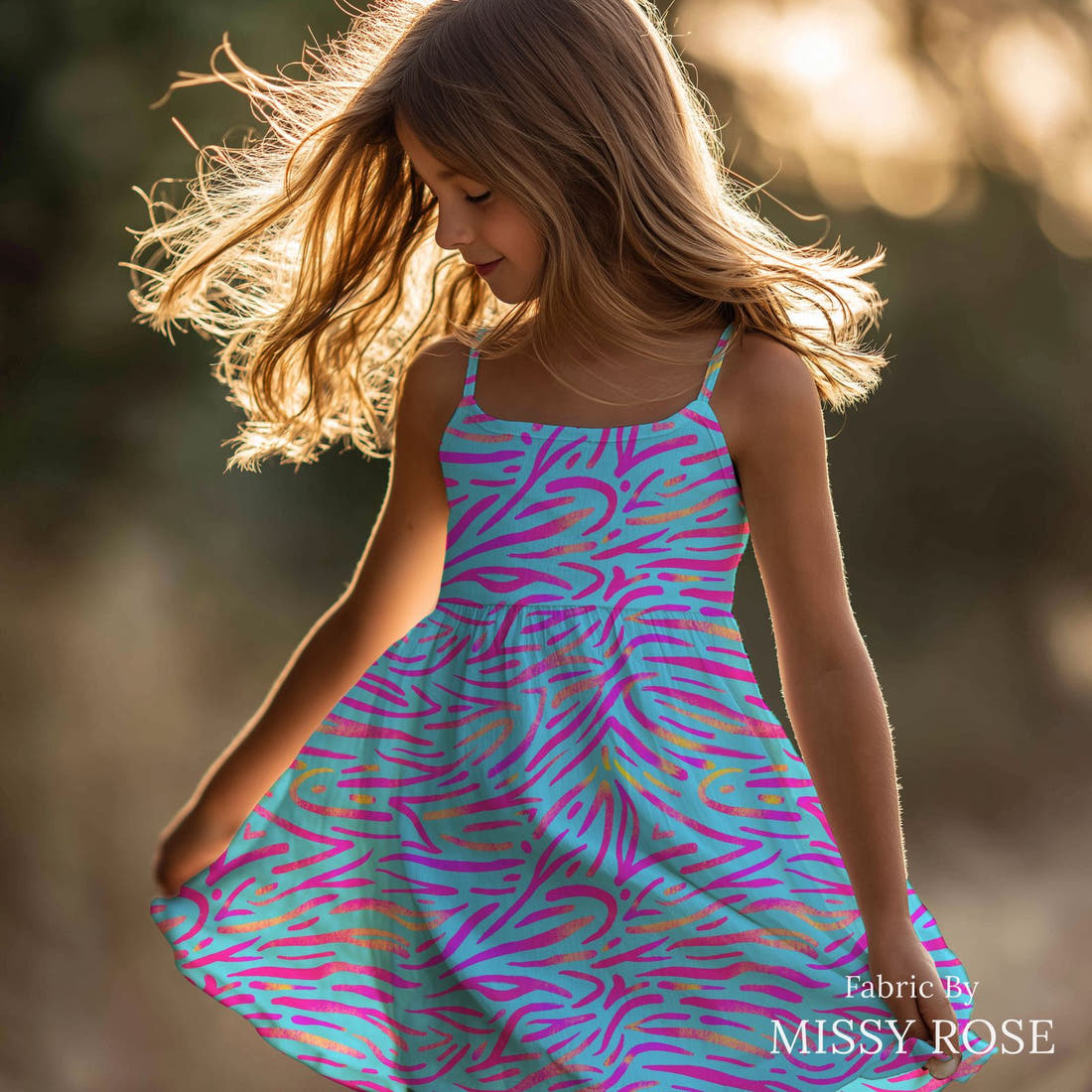 Girl and The Deep Blue Sea 86 sewn into a girls' dress - custom printed fabric | Fabric by Missy Rose