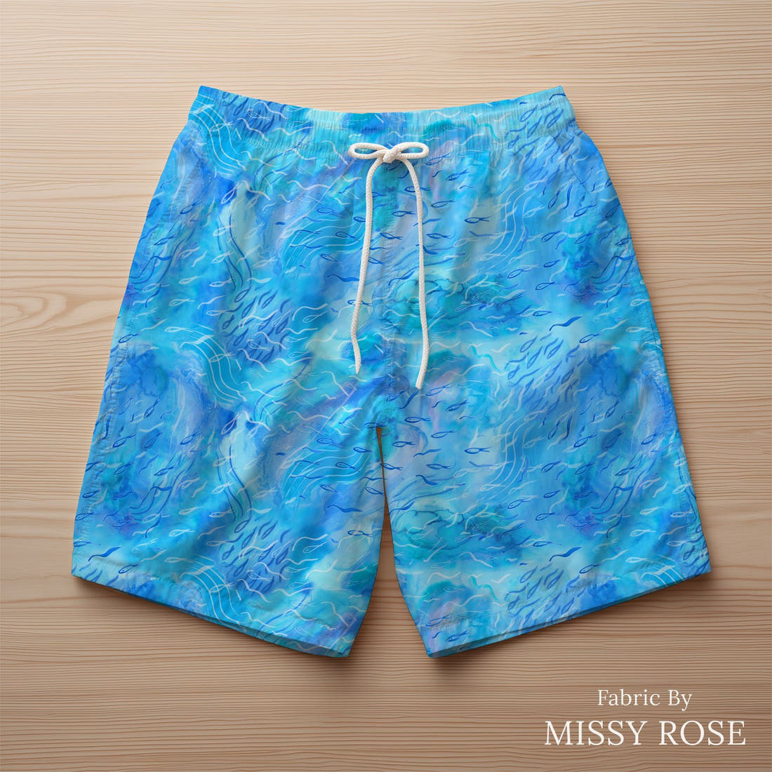 Girl and The Deep Blue Sea 89 sewn into swim shorts - see how the print looks made up | Fabric by Missy Rose