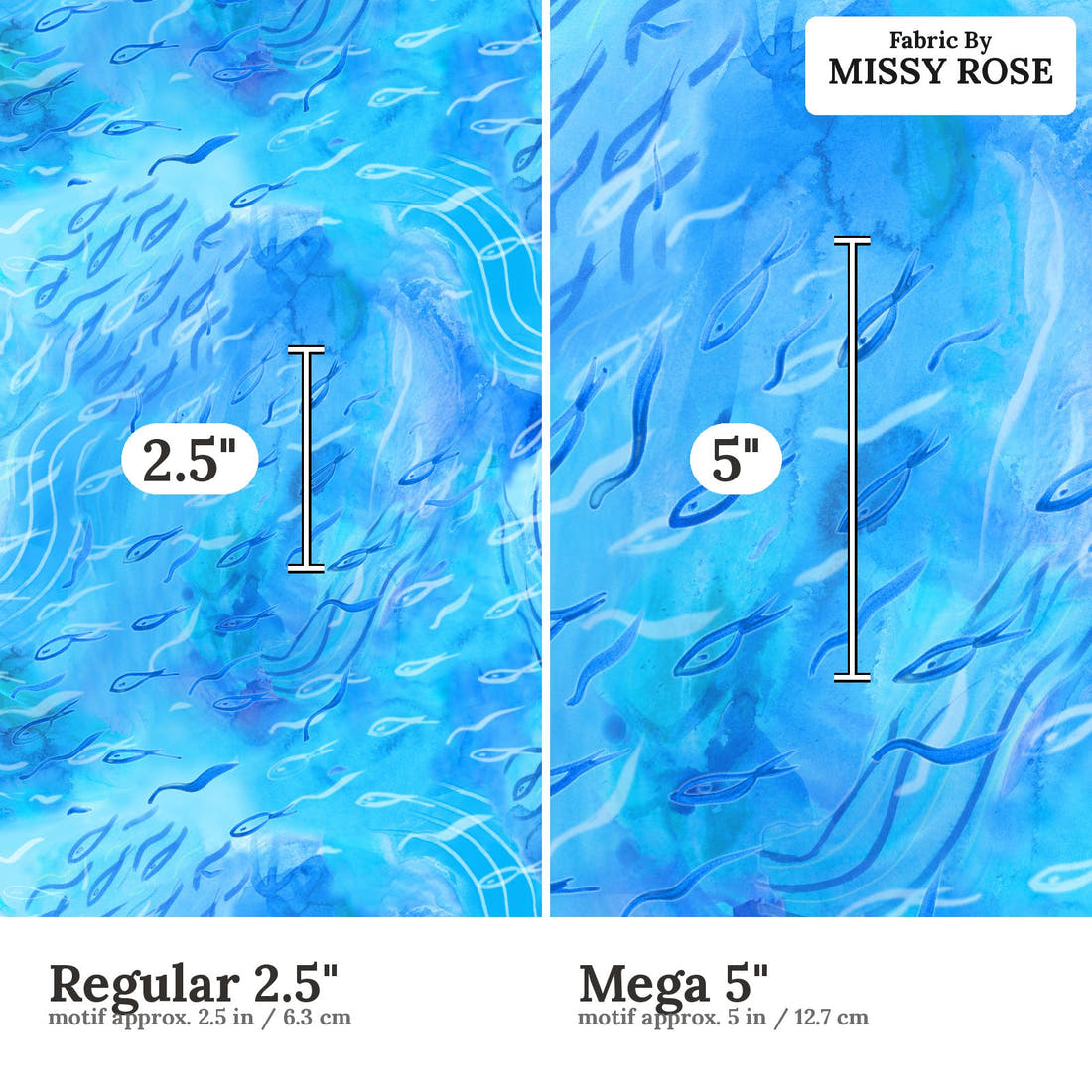Girl and The Deep Blue Sea 89 Regular 2.5 inch vs Mega 5 inch print scale side by side | Fabric by Missy Rose