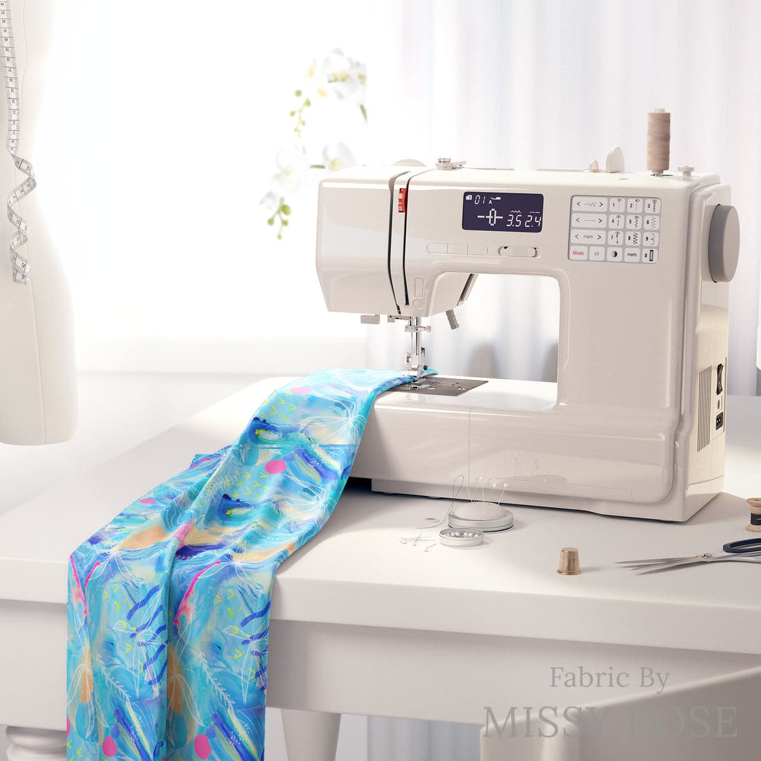 Girl and The Deep Blue Sea 90 on a sewing machine - premium fabric for sewing projects | Fabric by Missy Rose